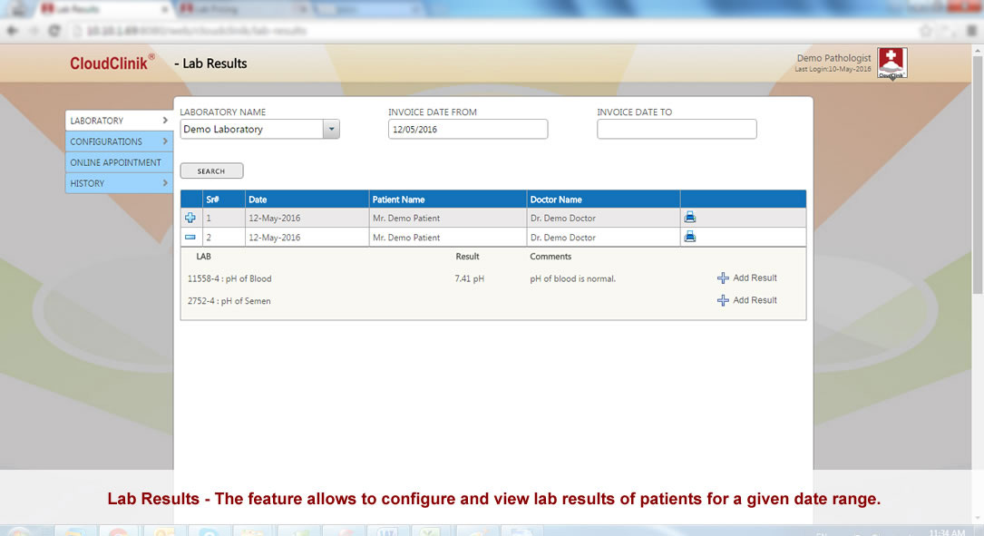 Lab results, The feature allows to configure lab results of patients online, Cloud Based EMR