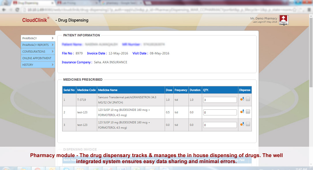 Pharmacy module, The drug dispensary tracks & manages the in house dispensing of drugs, well integrated system, ehealth
